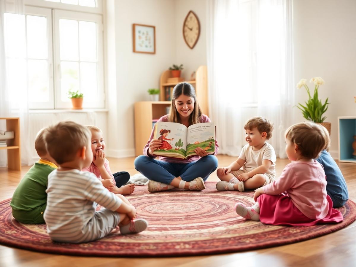 Children gathered on a rug listening to a teacher read an illustrated Bible story